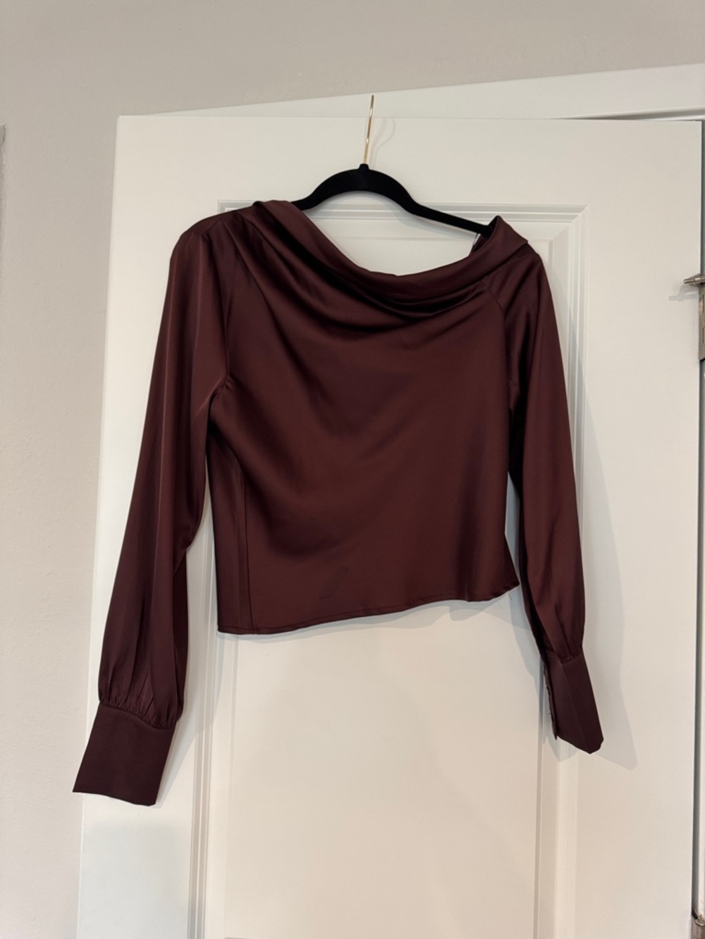 Lioness Draped Cowl-Neck Long Sleeve Top in Burgundy
